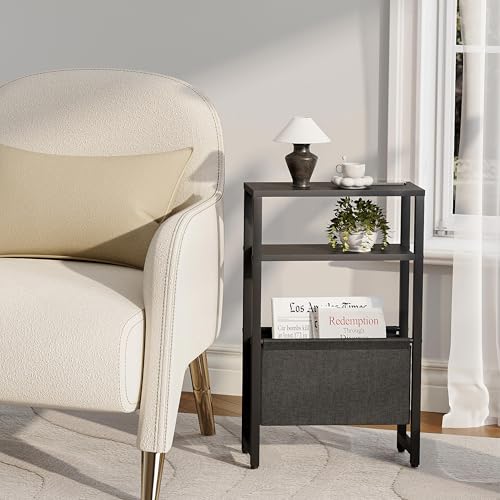Narrow Side Table, Slim End Table with Magazine Rack, Bedside Table for Small Spaces, 3 Tier Sofa Couch Table Nightstand for Living Room, Bedroom Black LET503B - color: Black