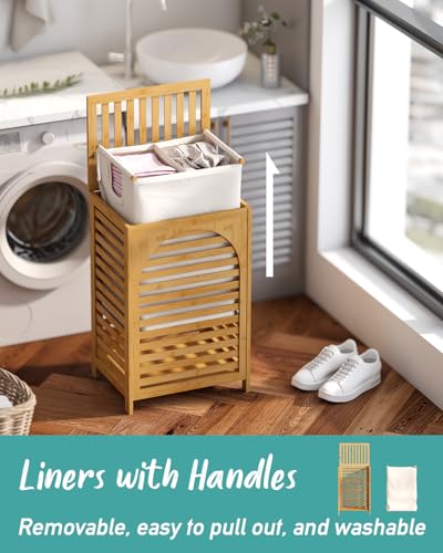 Laundry Hamper, 22.5 Gallon (85L) Bamboo Wood Clothes Laundry Basket with Lid and Handles, Removable Liner (Natural, Large) - color: Natural, size: Large