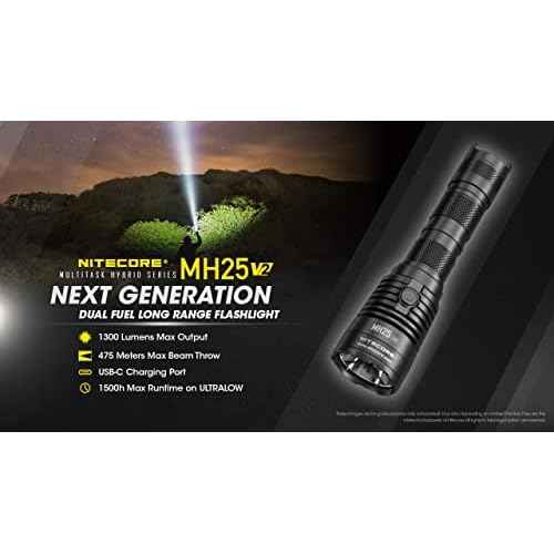 Nitecore MH25 v2 1300 Lumen 519 Yards Long Throw Tactical Flashlight, USB-C Rechargeable, with Lumentac Organizer