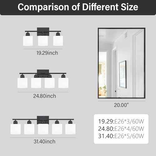 4-Light Black Bathroom Vanity Light, Light Fixtures with Milky White Frosted Glass Shades, Black Vanity Light for Bathroom Mirror, Bedroom, Living Room, Vanity Table, E26 Base