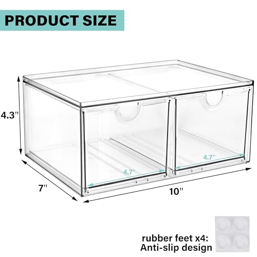 Prsildan Stackable Clear Makeup Organizer Acrylic Storage Drawers with 2 Drawers for Vanity Bathroom Office Desk Modular Drawer System for Cosmetics Jewelry Toiletries Home Organization - style: Style2-2Drawers
