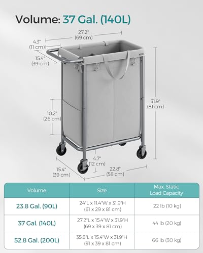 SONGMICS Laundry Basket with Wheels, 2-Section Rolling Laundry Hamper, 37 Gallons (140 L), Removable Liner, Steel Frame with Handle, 27.2 x 15.4 x 31.9 Inches, Dove Gray URLS004G01 - color: Dove Gray, size: 140 L (2-Section), style: Rectangular with handl