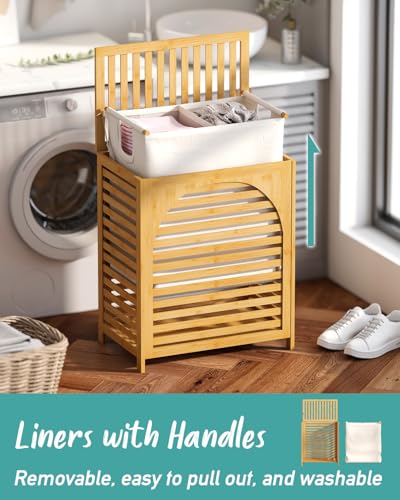 Laundry Hamper with Lid, 27.3 Gallon (103L) Bamboo Wood Clothes Laundry Basket with Lid and Handles, Removable Liner - color: Natural, size: Extra Large