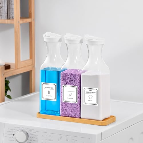 Laundry Detergent Dispenser,54OZ Laundry Soap Dispenser,Liquid Laundry Detergent Container,Fabric Softener Dispenser with Bamboo Wood Tray,Laundry Room Organizer with 4 Labels - color: White With Bamboo Tray