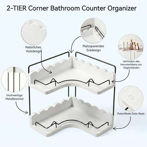 2-Tier Solid Wooden Corner Organizer with Elegant Scalloped Edge, Modern Stylish Shelf for Bathroom Vanity & Kitchen Countertop Storage, Moisture-Resistant with Anti-Fall Fences & Anti-Slip Pads