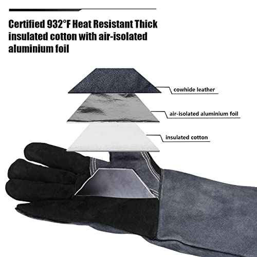 932¢µ Grill BBQ Gloves 16-inch Heat Resistant Leather Forge Welding Glove with Flame Retardant Long Sleeve and Insulated Lining for Men and Women Black-Gray