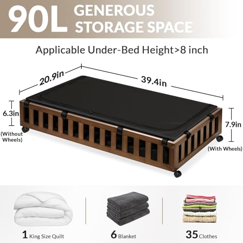 Gashell 2 Pack Bamboo Under Bed Storage with Wheels, 39”x20”x7.8” Lager Under Bed Storage Containers (Brown) - color: Brown