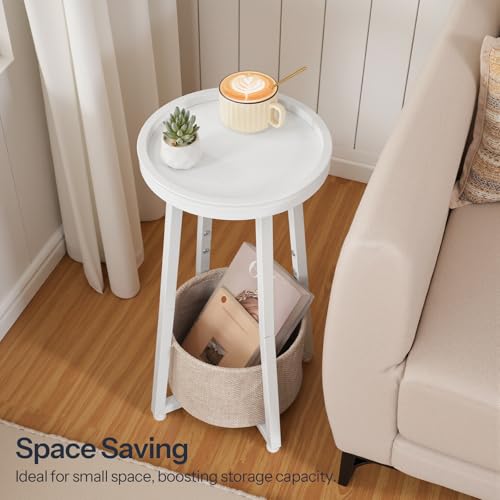 HOOBRO Small Round Side Table, 2-Tier Round Sofa End Table, Compact Nightstand with Cotton Linen Storage Basket, for Small Space, Living Room, Bedroom, Dorm, White WW183BZ01 - color: White