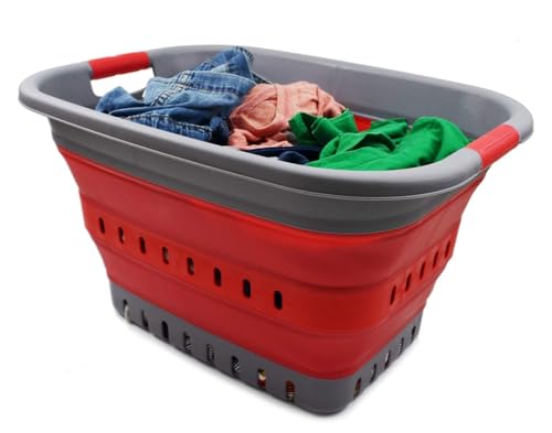SAMMART 37L (9.77 gallon) Collapsible Plastic Laundry Basket - Foldable Pop Up Storage Container/Organizer - Space Saving Hamper/Basket (1, Grey/Red) - color: Grey/Red