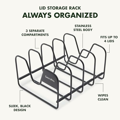 GreenPan Stainless Steel Wire Pots and Pans Lid Storage Rack, Holds 4 Lid Covers, Easy Storage, Countertop or Cabinent Organizer, Minimizes Clutter, Fast Drying, Wipes Clean, Black - size: Lid Storage Rack