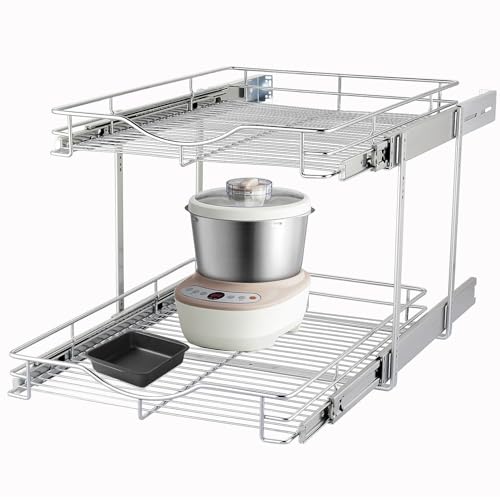 DINDON 2 Tier Pull Out Cabinet Organizer (17" W x 18" D) Heavy-Duty Metal Sliding Drawer Shelf, Two Tier Pull Out Shelves for Kitchen Cabinets, Pantry, Bathroom, Chrome Finish - size: 17'' W X 18'' D