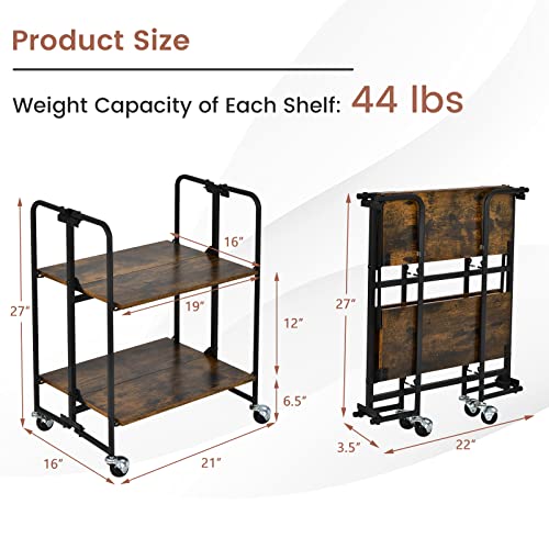 Giantex Foldable Storage Shelves with Wheels, No Assembly 2-Tier Rolling Cart, 2 of The Wheels Have Locks, Microwave Utility Cart Baker Rack, Portable Storage Rack w/Metal Frame, for Kitchen, RV - size: 27'' Tall