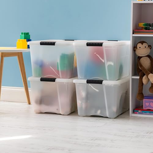 IRIS USA 40 Qt Stackable Plastic Storage Bins with Lids, 4 Pack - BPA-Free, Made in USA - Discreet Organizing Solution, Latches, Durable Nestable Containers, Secure Pull Handle - Pearl - size: 40 Qt, style: 4 Pack