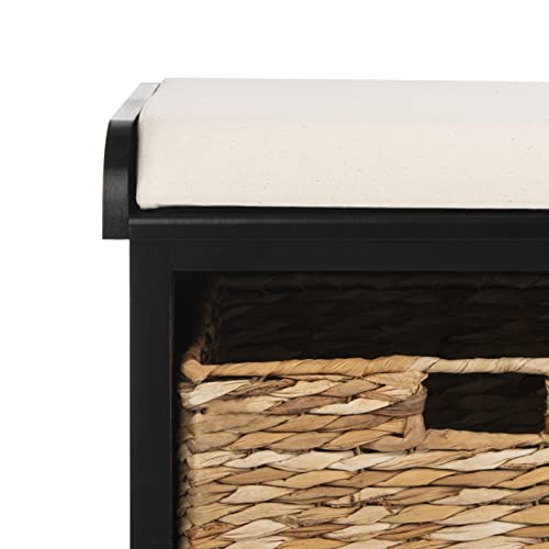 SAFAVIEH Home Collection – Freddy Black Storage Bench with Wicker Baskets & Cushion, Entryway Seating Bench, Fully Assembled (AMH5736B) - color: Black