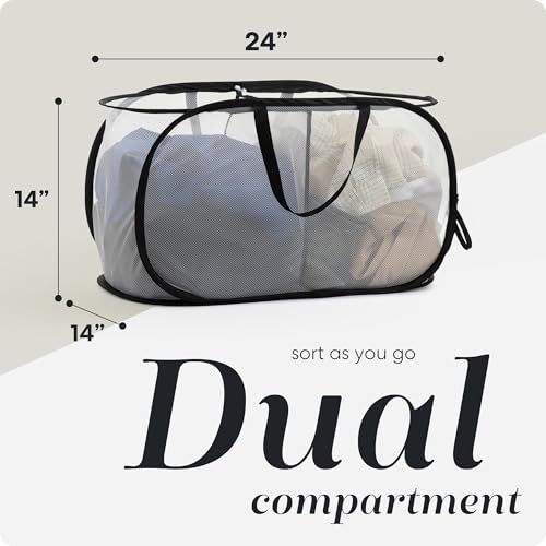 Foldable Laundry Basket - Popup and Collapsible, Durable Mesh Material, Folds for Storage, Easy Carry Handles - Great Hamper for College Dorm, Laundry Room or Travel (White-Black, 2-Compartments)
