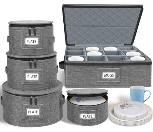 punemi China Storage Containers 5-Piece Set w/Hard Shell Sides & Bottom, Quilted Stackable Plate & Dish Storage Protectors, Adjustable Mug and Cup Storage Organizer for Moving and Dinnerware storage - style: StorageSet-China4pcs-Coffee1pcs
