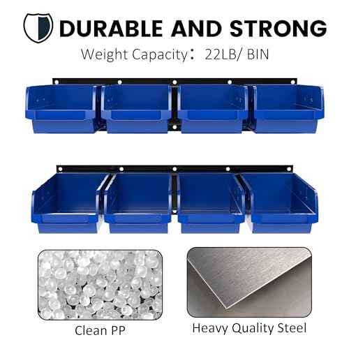 UNITEDPOWER wall mounted garage storage bin, Parts Rack, Plastic Hanging Stackable Storage Bin, Hardware Tool Organizer for workshop, Craft Room, school and Shop, 8 Bins&2 Rails (Blue), Large