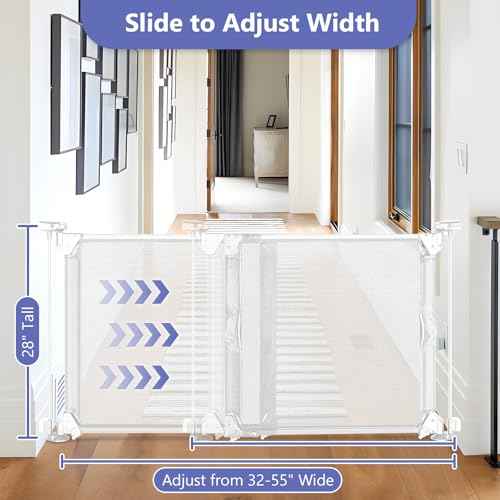 Sliding Baby Gate for Doorways Expandable 32"-55" Wide Adjustable Dog Gate 28 Inch Tall Step Over Pet Gate Indoor Mesh Dog Gate for Doorways Mesh Baby Gate for Stair Outdoor Baby Gate for Deck (White)
