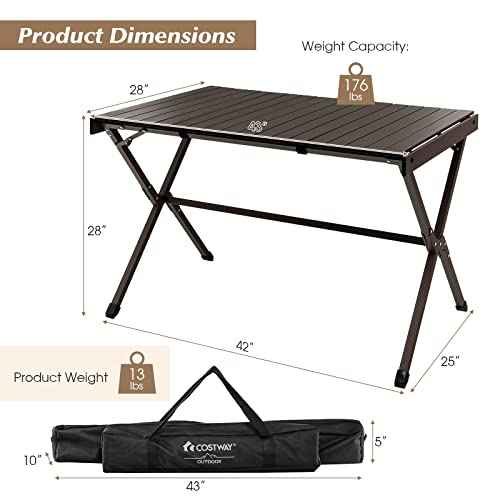 COSTWAY Portable Picnic Table, 28¡¯¡¯ x 43¡¯¡¯ Roll-Up Aluminum Beach Table with Carry Bag for 4-6 Person, Folding Camping Table with Sturdy X-Shaped Frame (Brown)