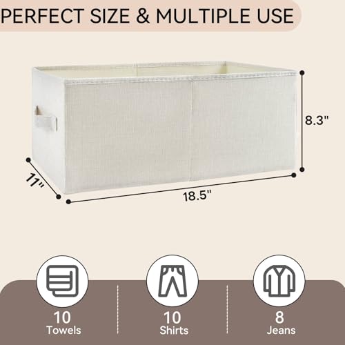 3 Pack Linen Storage Baskets with Handle,Large Foldable Closet Storage Bins for Shelves, Toys, Sheets, Clothes Organization,18"×11"×8",Beige