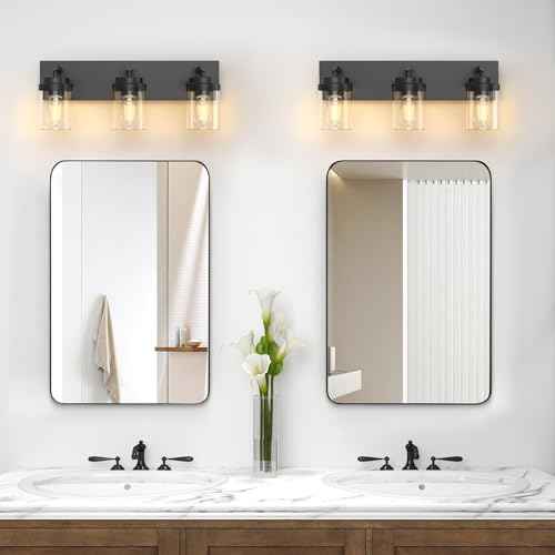 IZORRO Bathroom Vanity Light Fixture, 3-Light 22 Inch Matte Black Bathroom Light Fixtures Over Mirror, with Clear Glass Shade, Modern Farmhouse Vanity Lights, Rustic Restroom Lighting Fixtures