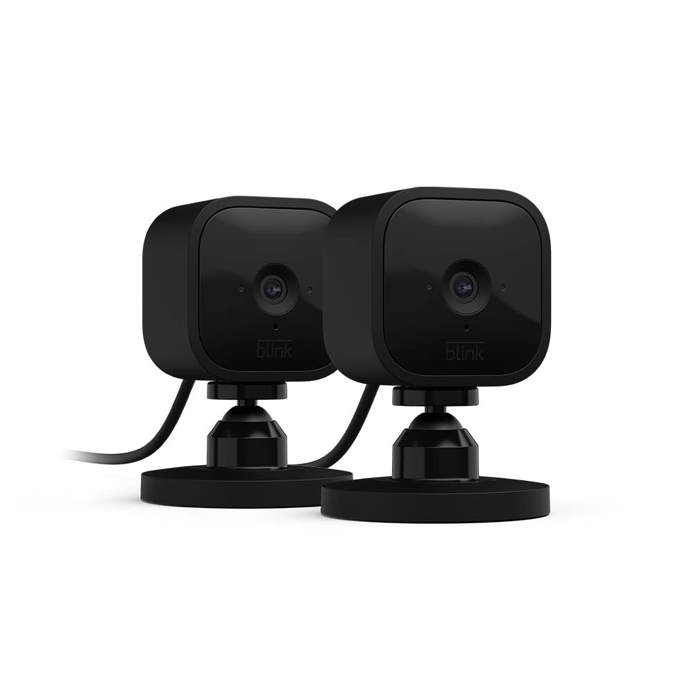 Blink Mini - Compact indoor plug-in smart security camera, 1080p HD video, night vision, motion detection, two-way audio, easy set up, Works with Alexa – 2 cameras (Black)