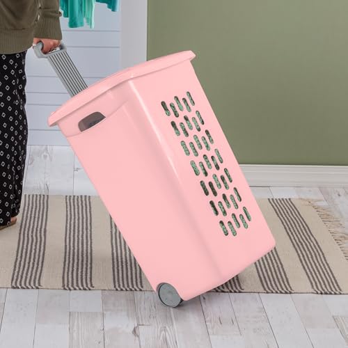 Sterilite 3 Pack Ultra Wheeled Hamper, Plastic Laundry Basket Clothes Bin with Wheels, Flip Top Lid and Retractable Handle, Pink Frost - color: Pink Frost
