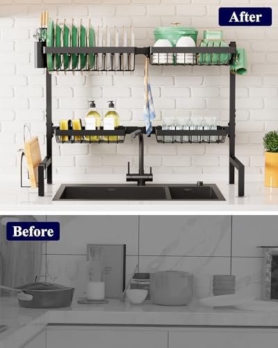 Kitsure Over The Sink Dish Drying Rack - 26.8" to 33.9"x21.5", Adjustable Sink Drying Rack for Kitchen Sink with Large Capacity, 2-Tier Dish Rack Over Sink with Multifunctional Baskets, Black - color: Black, size: Large