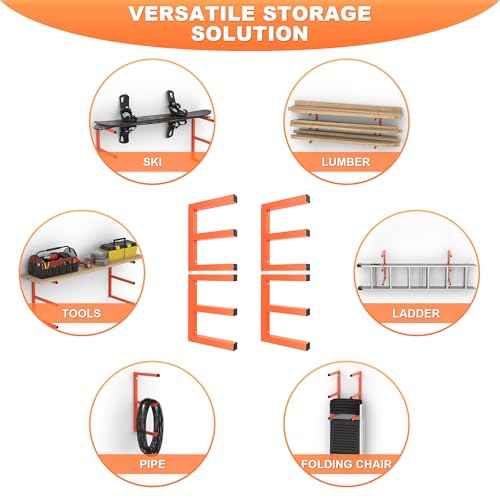 Ultrawall Lumber Storage Rack Wall Mount Wood Storage Racks, Metal Wood Organizer Racks for Shed, Workshop, Garage, Holds Up 220 LBS Per Level (Pack of 4, Orange)