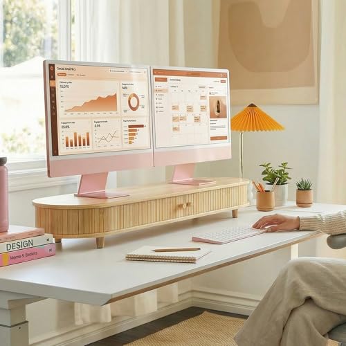 Bamboo Dual Monitor Stand with Storage, Curved Double Computer Laptop Stand Desk Shelf Organizer with Sliding Doors (42 inch) - size: 42 inch