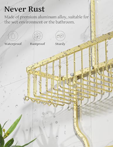 YASONIC Never-Rust Aluminum Hanging Shower Caddy – Over-the-Showerhead Organizer with 10 Hooks for Razor and Sponge – Includes Soap Basket – Gold - color: Gold