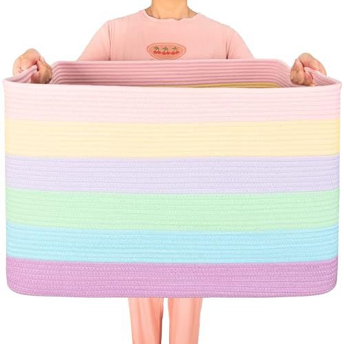 MINTWOOD Design 112L Extra Large Blanket Basket Holder Living Room, 25"x17"x16" Rectangle Rope Woven Storage Basket with Handles for Laundry, Towels, Shoes, Dog Toy Organizer Bin Box, Pastel Rainbow