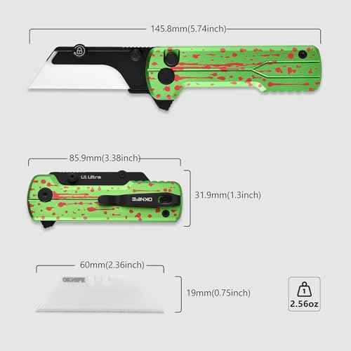 OKNIFE U1 Ultra Folding Utility Knife with Ceramic Blade, Lightweight 6061-T6 Aluminum Alloy Handle with Clip, Button Lock EDC Pocket Knife (Zombie Green)