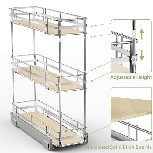 ROOMTEC 3-Tier Pull Out Cabinet Organizer Spice Rack for Narrow Cabinet 7" W x 20½" D, Slide Out Wood Shelves Storage for Kitchen - size: 7" W x 20½" D, 3 Tier, Wood Shelves