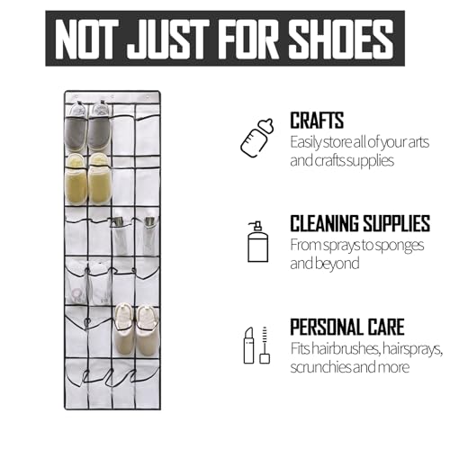 Over the Door Shoe Organizer, 24 Large Breathable Mesh Pockets, Space Saving Hanging Storage Holder, Hangs on Closets for Shoes, Accessories, 3Hooks, GREY (66"x 19")