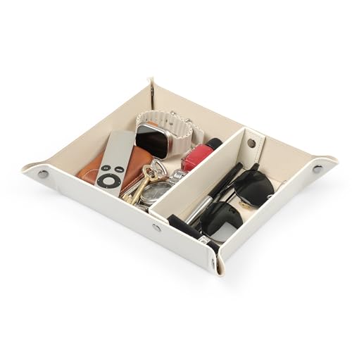 Londo Leather Tray Organizer - Practical Lightweight Water Resistant Computer Table Desk Storage Box for Wallets, Watches, Keys, Coins, Cell Phones and Office Equipment - color: White