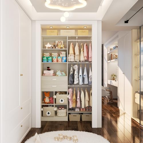 Small Closet System - 5FT Closet Organizer System with Wooden Drawers, 60 Inches Walk In Closet System With 5 Hanging Rods, Can Fit 1.58 to 6.8 FT with Reversible Hanging Shelving, Greige Oak - color: Greige Oak, size: 5FT