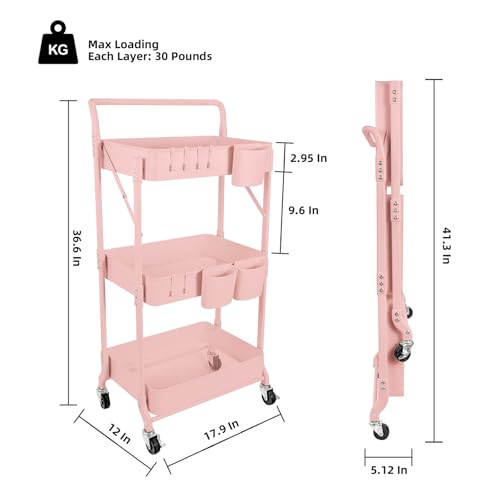 3-Tier Folding Rolling Utility Cart with Wheels, Foldable Storage Cart Organizer with 3 Hanging Cups & 6 Hooks for Kitchen, Office, Living Room, Nursery(Pink) - color: Pink
