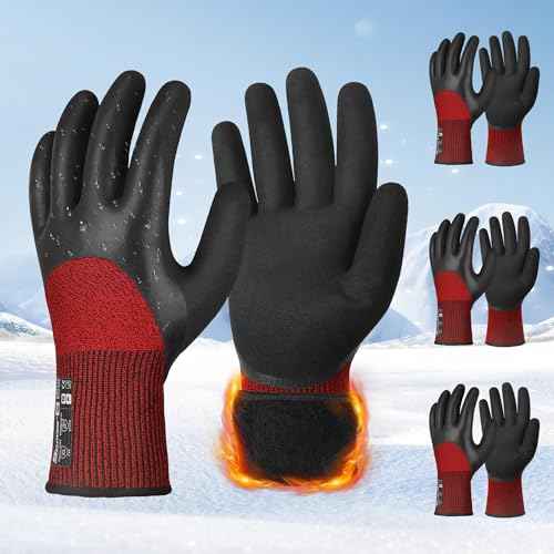 Schwer 3 Pairs Winter Work Gloves with 3/4 Double-Dipped Latex Coating, Thermal Insulated Gloves with Grip & Abrasion Resistance, Flexible & Comfortable, Used for Cold Weather, Freezer, L, CR3313
