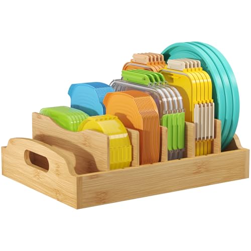 Lifewit Bamboo Lid Organizers for Inside Cabinet, Food Storage Container Lid Holder with 5 adjustable Inserts & 6 Sections, Kitchen Pantry organizer and storage, Large, 13.2" x 10"/34 x 25cm - size: Large(13.2" x 10")
