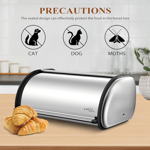 ENLOY Bread Box for Kitchen Counter, Stainless Steel Roll Top Bread Bin, Sliver Bread Storage Holder with Lid, Large Capacity Bread Keeper, 17 x 11 x 7 Inches - color: silver