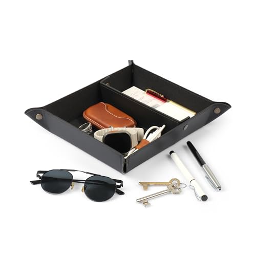 Londo Leather Tray Organizer - Practical Lightweight Water Resistant Computer Table Desk Storage Box for Wallets, Watches, Keys, Coins, Cell Phones and Office Equipment - color: Black Lining