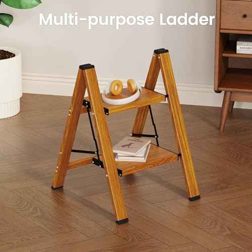 HBTower Step Ladder,Lightweight Aluminum Folding Step Stool with Anti-Slip Wide Pedal,330lbs Capacity Step Ladder for Household,Kitchen,Office - Woodgrain