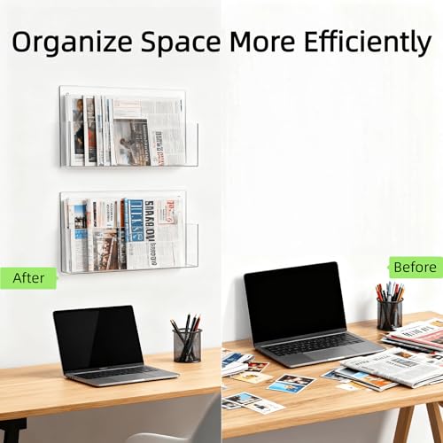 Clear Acrylic Single Pocket Wall Mount File Holders, Self-Adhesive Plastic Document Organizer for Office and Home, Suitable for Legal Size Papers, Brochures, Magazines, and Literature Display, 2 Pack