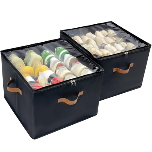 Shoe Organizer for Closet, 2 Pack Shoe Storage Bins with Clear Cover, Foldable and Adjustable Dividers, Fits 16-32 Pairs, Black - color: Black-2 Pack