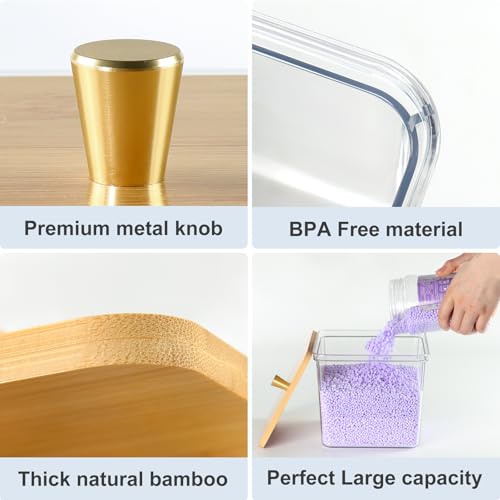 Hudgan 4 Pack Acrylic Storage Containers with Measuring Scoops for Kitchen, Laundry, Pantry, Clear Sturdy Plastic with Gold Handle Perfect for Dried Goods, Snacks, Detergent