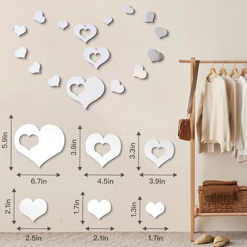 25 PCS Mirror Wall Decor, Acrylic Removable Heart Shape Mirror Stickers, DIY Self-Adhesive Wall Decor for Home Living Room Bedroom Bathroom Kitchen Sofa TV Background Decoration(Silver)