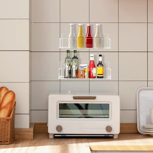 Acrylic Spice Rack Wall Mount - 9 Inch, Clear Spice Shelf Storage Holder, 2 Pack Hanging Seasoning Organizer for Cabinet Door, Cupboard or Wall Kitchen (Adhesive or Screw) - size: 9"- 2 Pack
