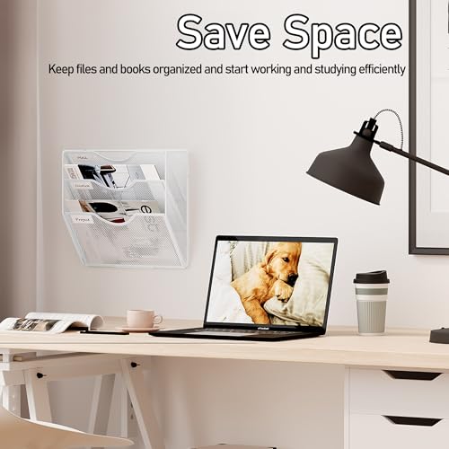 File Folder Organizer, 3-Tier Mesh Hanging Wall File Holder, Magazine Rack, Wall File Organizer With Pockets, Metal Document Organizer, Mail Organizer Wall Mounted for Office Home, White