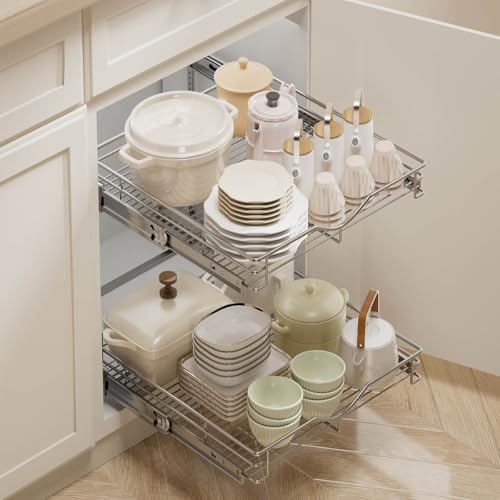 DINDON 2 Tier Pull Out Cabinet Organizer (17" W x 18" D) Heavy-Duty Metal Sliding Drawer Shelf, Two Tier Pull Out Shelves for Kitchen Cabinets, Pantry, Bathroom, Chrome Finish - size: 17'' W X 18'' D